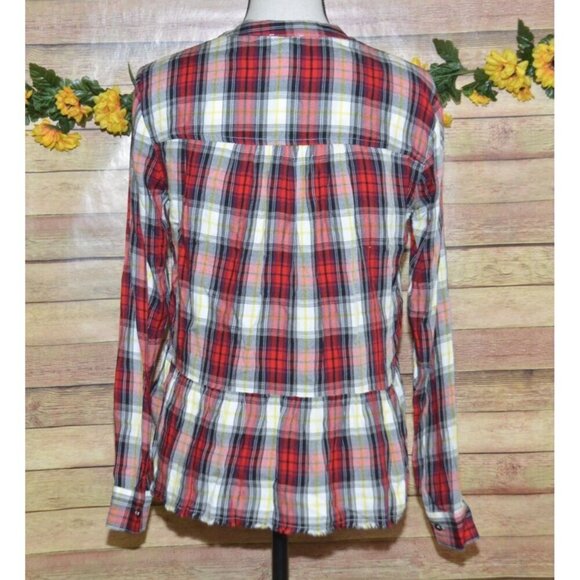 Splendid Red Plaid Edgeware Top Size XS Peplum Raw Hem Button Up Split Neck - Picture 5 of 10